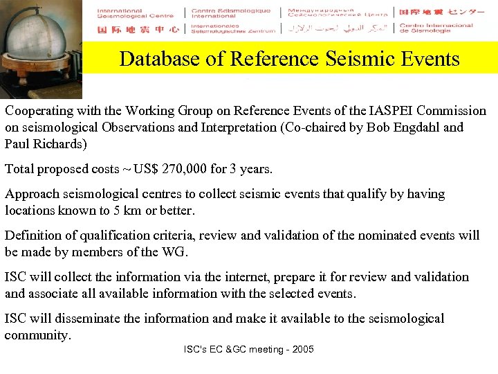 Database of Reference Seismic Events Cooperating with the Working Group on Reference Events of