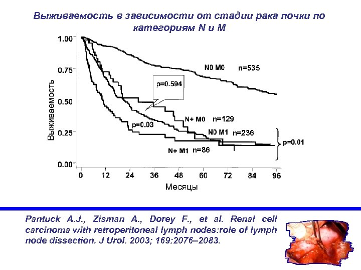 Выживаемость в зависимости от стадии рака почки по категориям N и M n=535 n=129