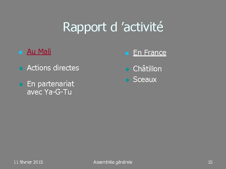 Rapport d ’activité Au Mali Actions directes En partenariat avec Ya-G-Tu 11 février 2015