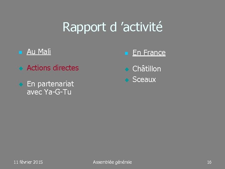 Rapport d ’activité Au Mali Actions directes En partenariat avec Ya-G-Tu 11 février 2015