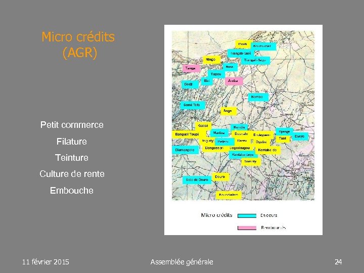 Micro crédits (AGR) Petit commerce Filature Teinture Culture de rente Embouche 11 février 2015