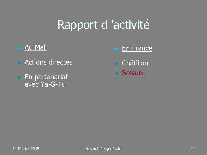 Rapport d ’activité Au Mali Actions directes En partenariat avec Ya-G-Tu 11 février 2015