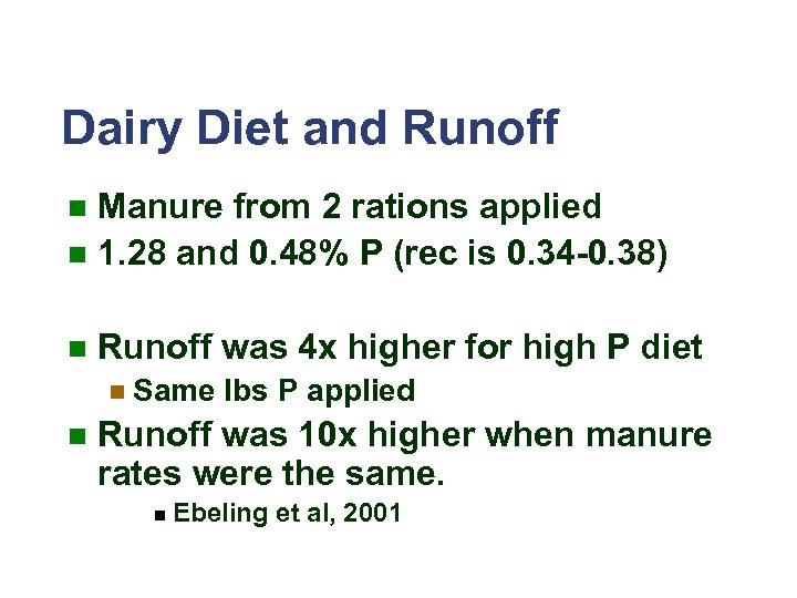 Dairy Diet and Runoff Manure from 2 rations applied n 1. 28 and 0.