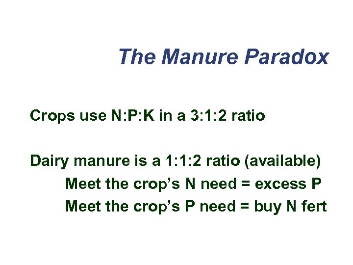 The Manure Paradox Crops use N: P: K in a 3: 1: 2 ratio