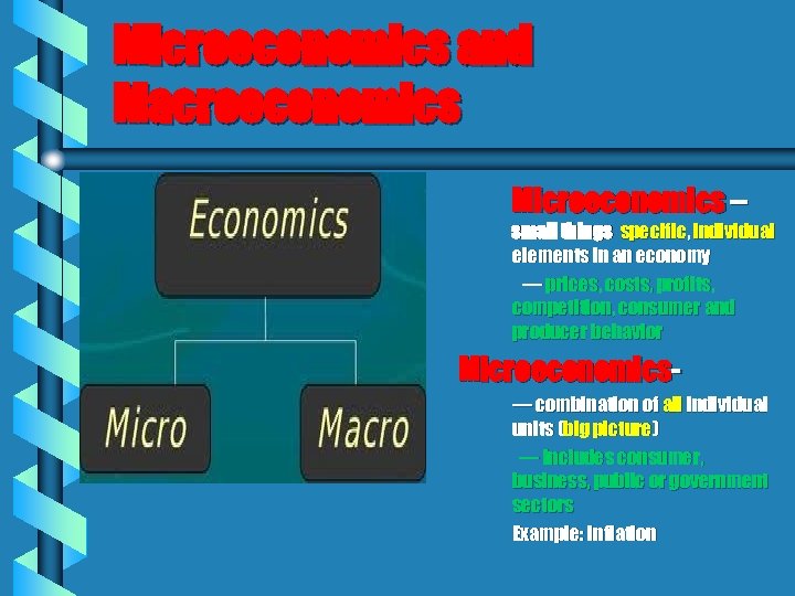 Microeconomics and Macroeconomics Microeconomics – small things specific, individual elements in an economy —