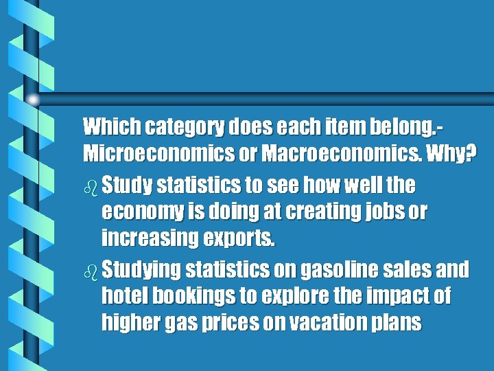 Which category does each item belong. Microeconomics or Macroeconomics. Why? b Study statistics to