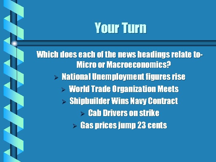 Your Turn Which does each of the news headings relate to. Micro or Macroeconomics?