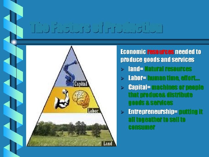 The Factors of Production Economic resources needed to produce goods and services Ø land=