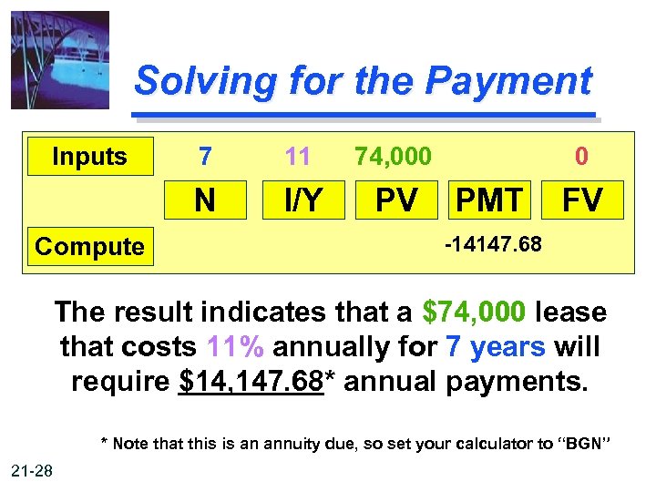 Solving for the Payment Inputs 11 74, 000 N Compute 7 I/Y PV 0