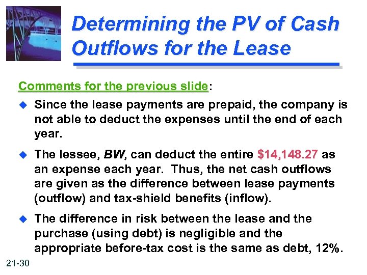 Determining the PV of Cash Outflows for the Lease Comments for the previous slide: