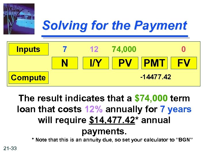 Solving for the Payment Inputs 12 74, 000 N Compute 7 I/Y PV 0