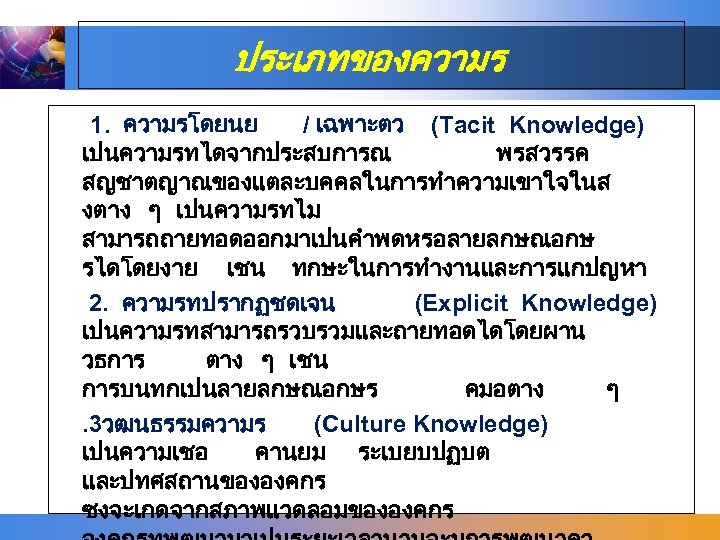 ประเภทของความร 1. ความรโดยนย / เฉพาะตว (Tacit Knowledge) เปนความรทไดจากประสบการณ พรสวรรค สญชาตญาณของแตละบคคลในการทำความเขาใจในส งตาง ๆ เปนความรทไม สามารถถายทอดออกมาเปนคำพดหรอลายลกษณอกษ