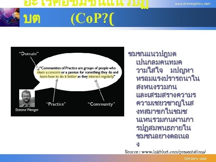 อะไรคอชมชนแนวปฏ บต (Co. P? ( www. themegallery. com ชมชนแนวปฎบต เปนกลมคนทมค วามใสใจ มปญหา หรอมแรงปรารถนาใน สงหนงรวมกน