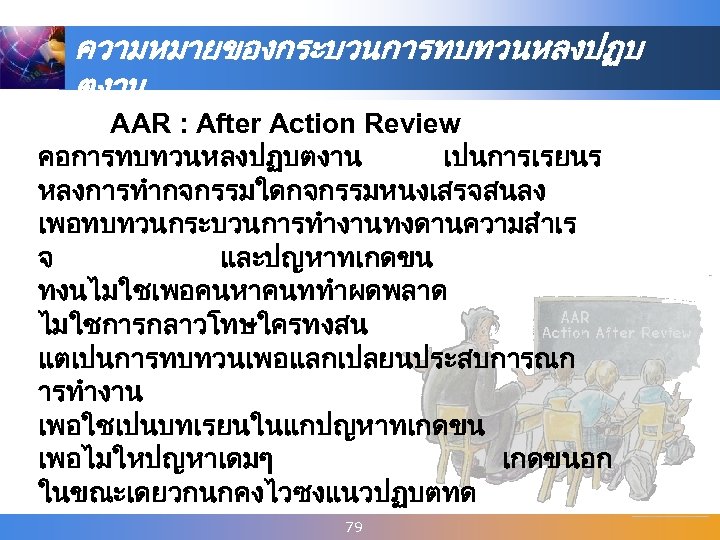 ความหมายของกระบวนการทบทวนหลงปฏบ ตงาน AAR : After Action Review คอการทบทวนหลงปฏบตงาน เปนการเรยนร หลงการทำกจกรรมใดกจกรรมหนงเสรจสนลง เพอทบทวนกระบวนการทำงานทงดานความสำเร จ และปญหาทเกดขน ทงนไมใชเพอคนหาคนททำผดพลาด