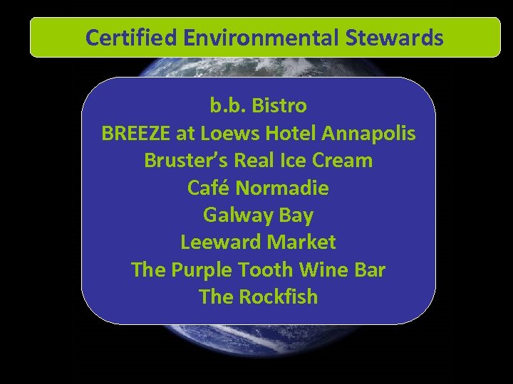 Certified Environmental Stewards b. b. Bistro BREEZE at Loews Hotel Annapolis Bruster’s Real Ice