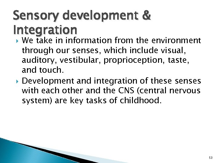 Sensory development & Integration We take in information from the environment through our senses,