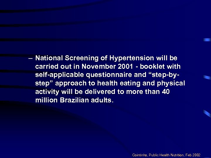 – National Screening of Hypertension will be carried out in November 2001 - booklet