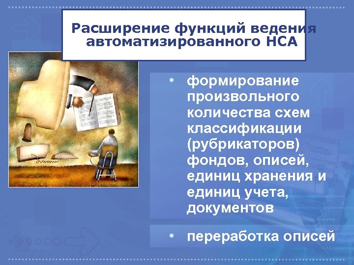 Расширение функций ведения автоматизированного НСА • формирование произвольного количества схем классификации (рубрикаторов) фондов, описей,