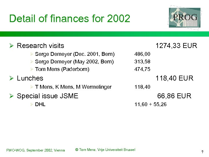 Detail of finances for 2002 Ø Research visits 1274, 33 EUR Ø Serge Demeyer