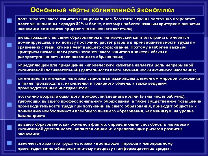 Основные черты когнитивной экономики доля человеческого капитала в национальном богатстве страны постоянно возрастает, достигая