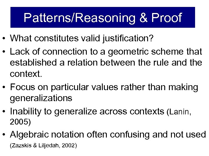 Patterns/Reasoning & Proof • What constitutes valid justification? • Lack of connection to a