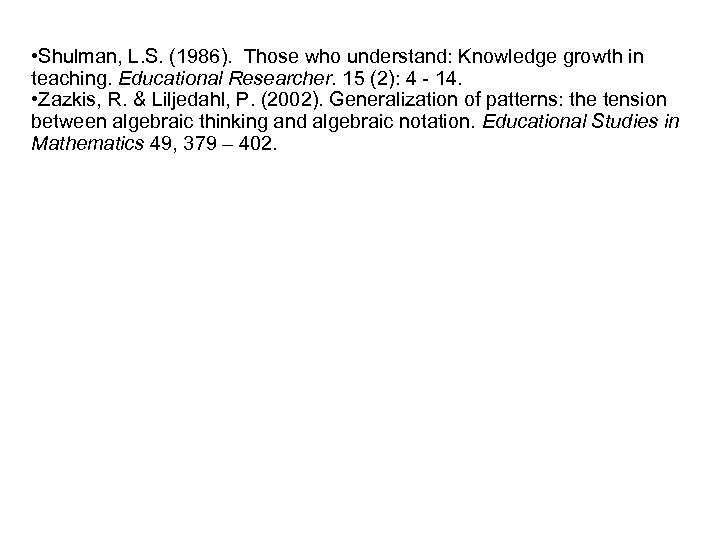  • Shulman, L. S. (1986). Those who understand: Knowledge growth in teaching. Educational
