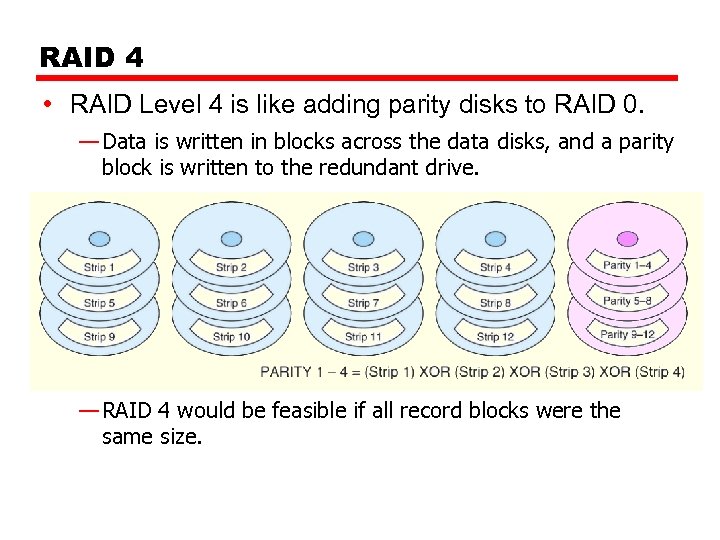 RAID 4 • RAID Level 4 is like adding parity disks to RAID 0.