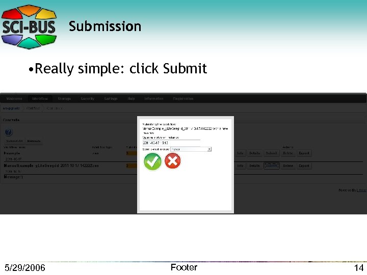 Submission • Really simple: click Submit 5/29/2006 Footer 14 
