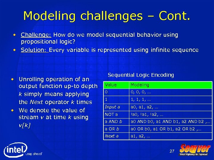 Modeling challenges – Cont. • Challenge: How do we model sequential behavior using propositional
