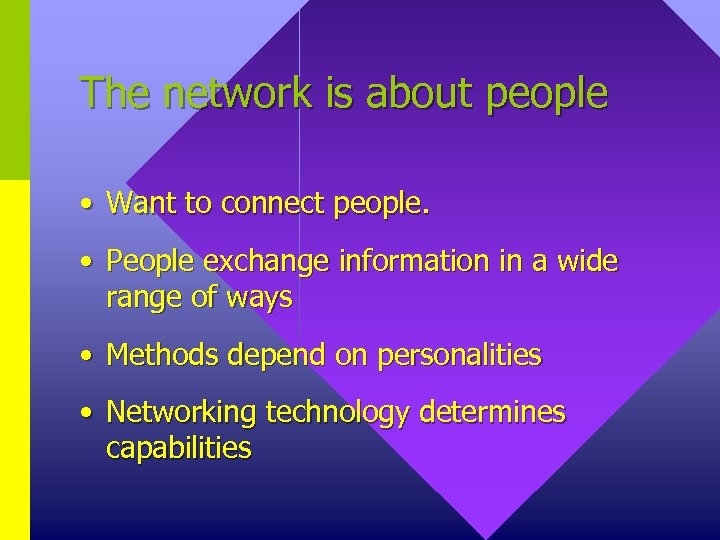 The network is about people • Want to connect people. • People exchange information