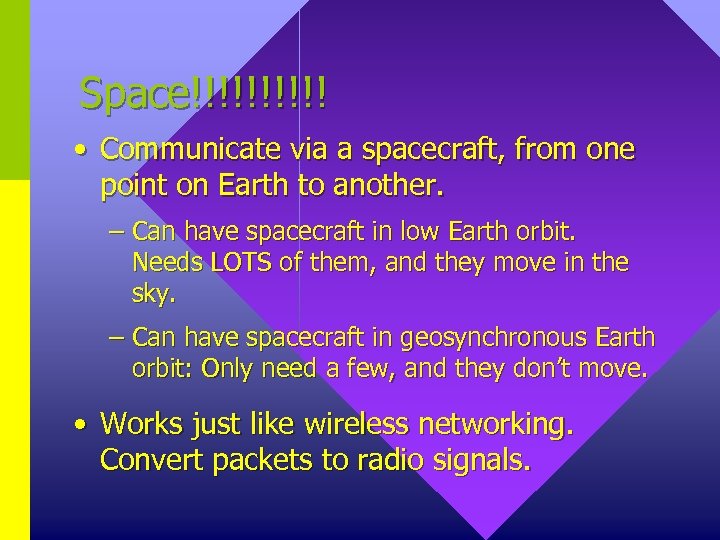 Space!!!!! • Communicate via a spacecraft, from one point on Earth to another. –