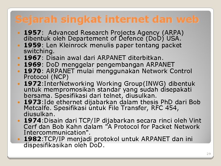 Sejarah singkat internet dan web 1957: Advanced Research Projects Agency (ARPA) dibentuk oleh Departement