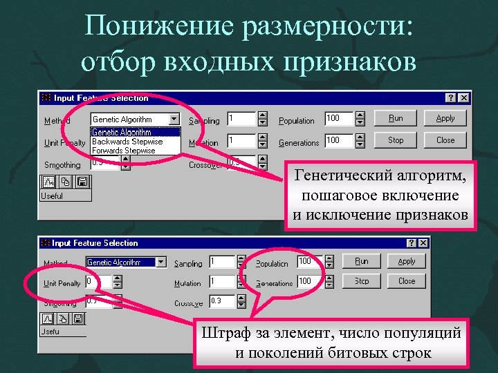 Понижение размерности: отбор входных признаков Генетический алгоритм, пошаговое включение и исключение признаков Штраф за
