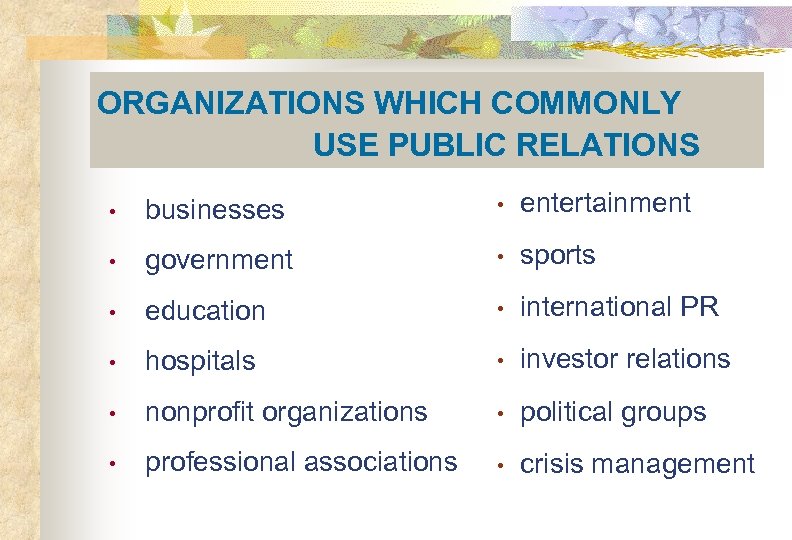 ORGANIZATIONS WHICH COMMONLY USE PUBLIC RELATIONS • businesses • entertainment • government • sports