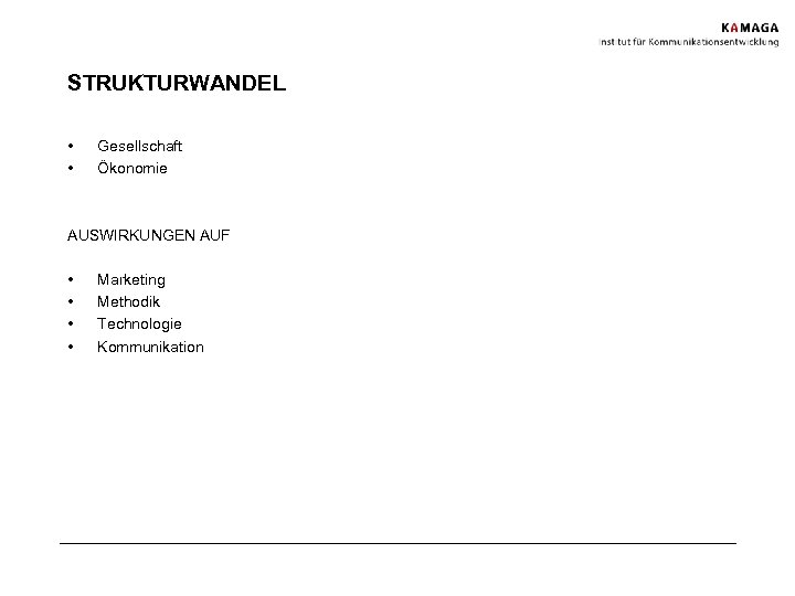 STRUKTURWANDEL • • Gesellschaft Ökonomie AUSWIRKUNGEN AUF • • Marketing Methodik Technologie Kommunikation 