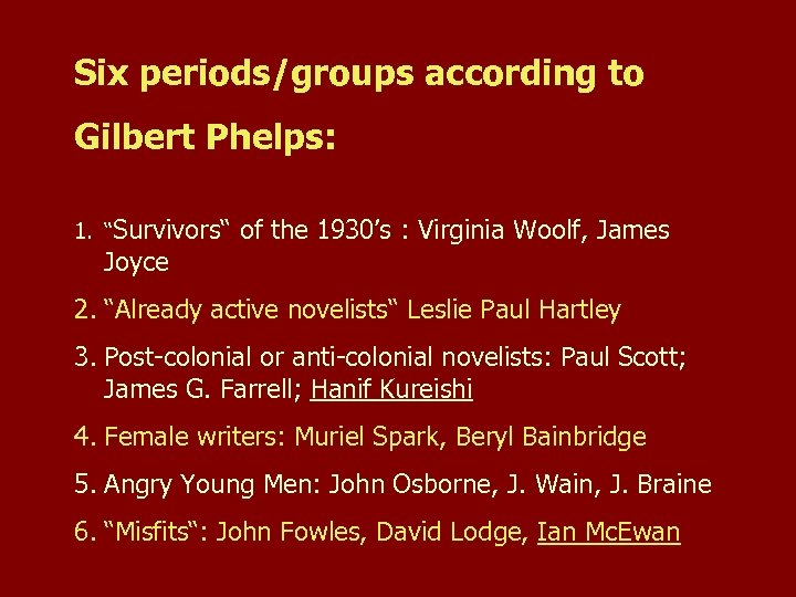 Six periods/groups according to Gilbert Phelps: 1. “Survivors“ of the 1930’s : Virginia Woolf,