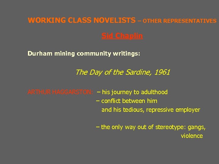 WORKING CLASS NOVELISTS – OTHER REPRESENTATIVES Sid Chaplin Durham mining community writings: The Day