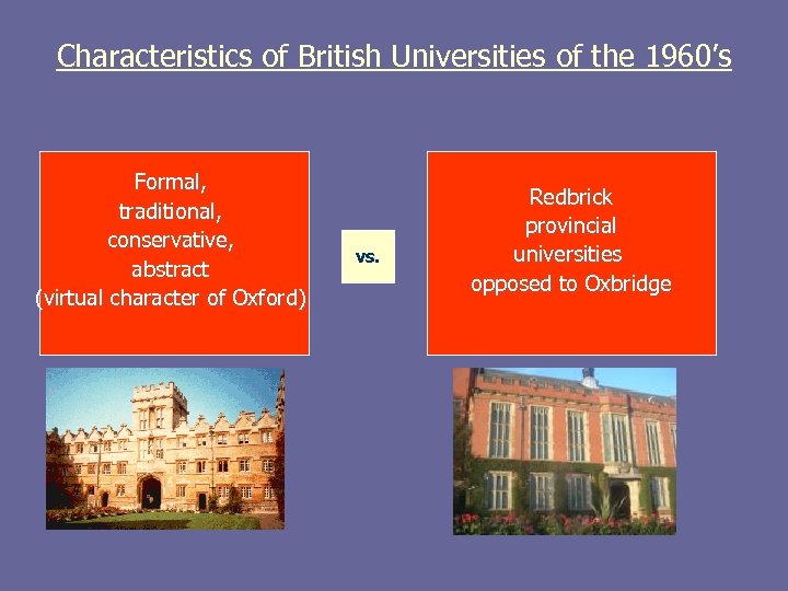 Characteristics of British Universities of the 1960’s Formal, traditional, conservative, abstract (virtual character of