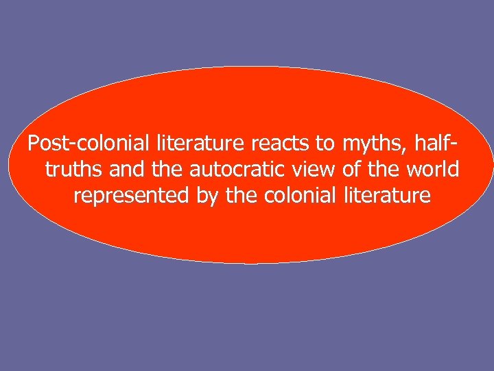 Post-colonial literature reacts to myths, halftruths and the autocratic view of the world represented