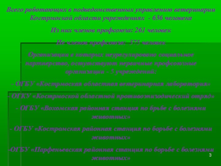 Всего работающих в подведомственных управлению ветеринарии Кострмоской области учреждениях - 636 человека Из них