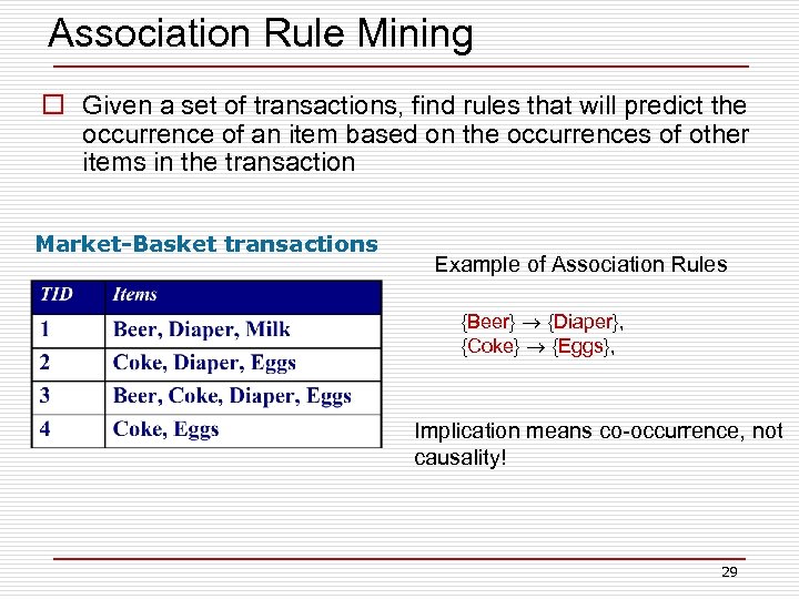 Association Rule Mining o Given a set of transactions, find rules that will predict