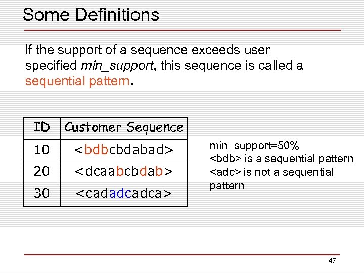 Some Definitions If the support of a sequence exceeds user specified min_support, this sequence