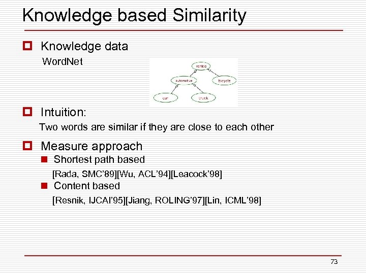 Knowledge based Similarity p Knowledge data Word. Net p Intuition: Two words are similar