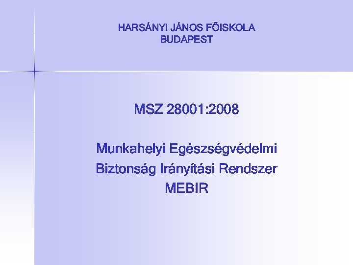 HARSÁNYI JÁNOS FŐISKOLA BUDAPEST MSZ 28001: 2008 Munkahelyi Egészségvédelmi Biztonság Irányítási Rendszer MEBIR 
