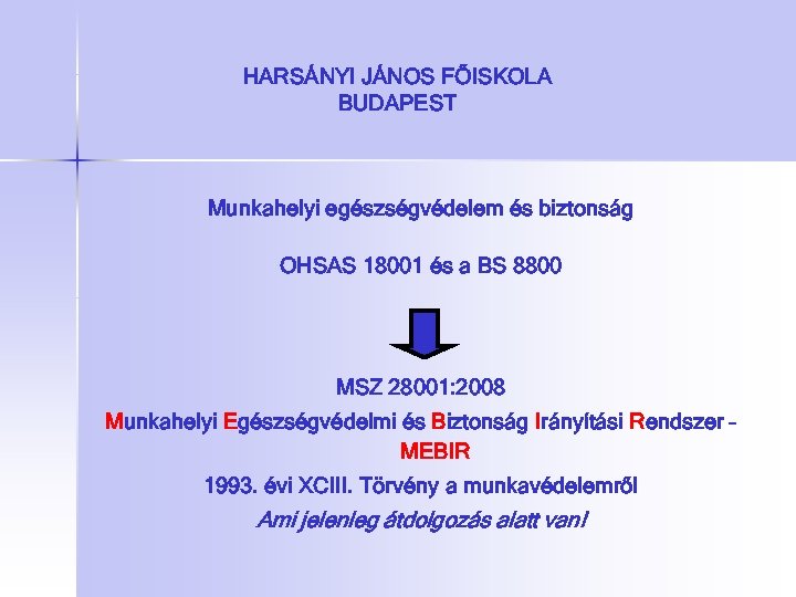 HARSÁNYI JÁNOS FŐISKOLA BUDAPEST Munkahelyi egészségvédelem és biztonság OHSAS 18001 és a BS 8800