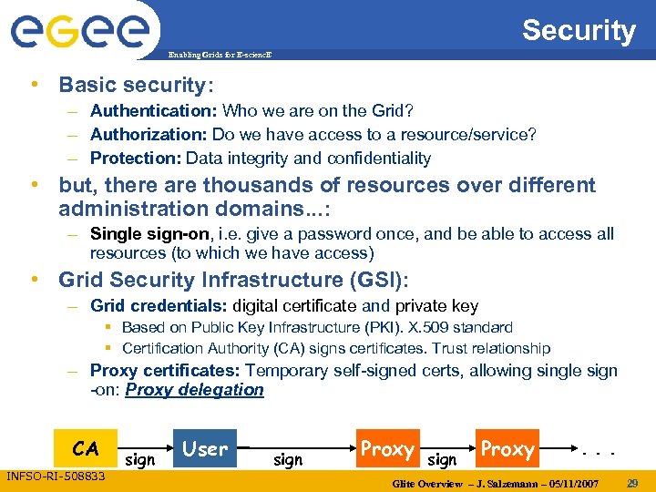 Security Enabling Grids for E-scienc. E • Basic security: – Authentication: Who we are