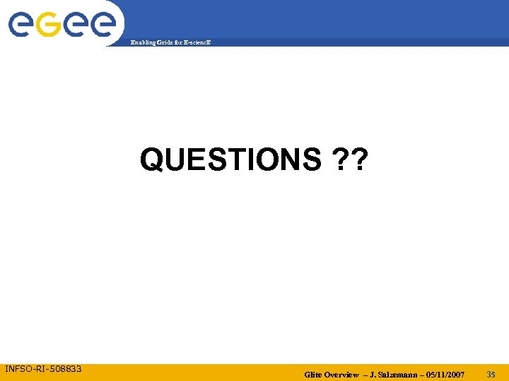 Enabling Grids for E-scienc. E QUESTIONS ? ? INFSO-RI-508833 Glite Overview – J. Salzemann