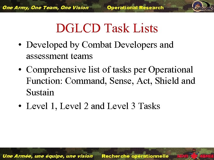 One Army, One Team, One Vision Operational Research DGLCD Task Lists • Developed by