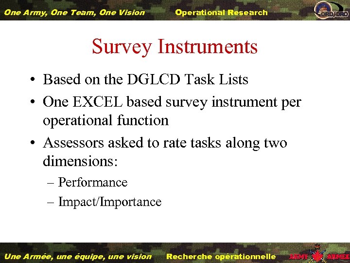 One Army, One Team, One Vision Operational Research Survey Instruments • Based on the