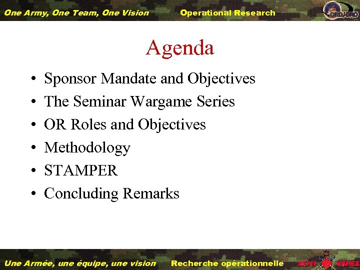 One Army, One Team, One Vision Operational Research Agenda • • • Sponsor Mandate